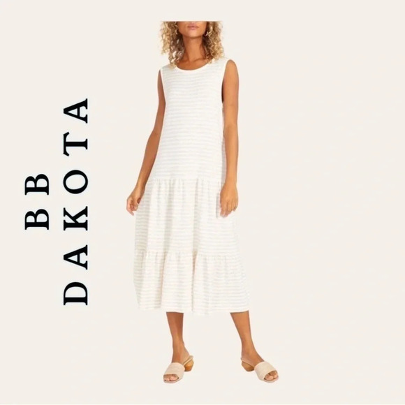 0030W. Bb DAKOTA MAXI TIERED DRESS WIDE STRAPS CREAM AND WHITE IN STRIPES XSMALL - Picture 1 of 14